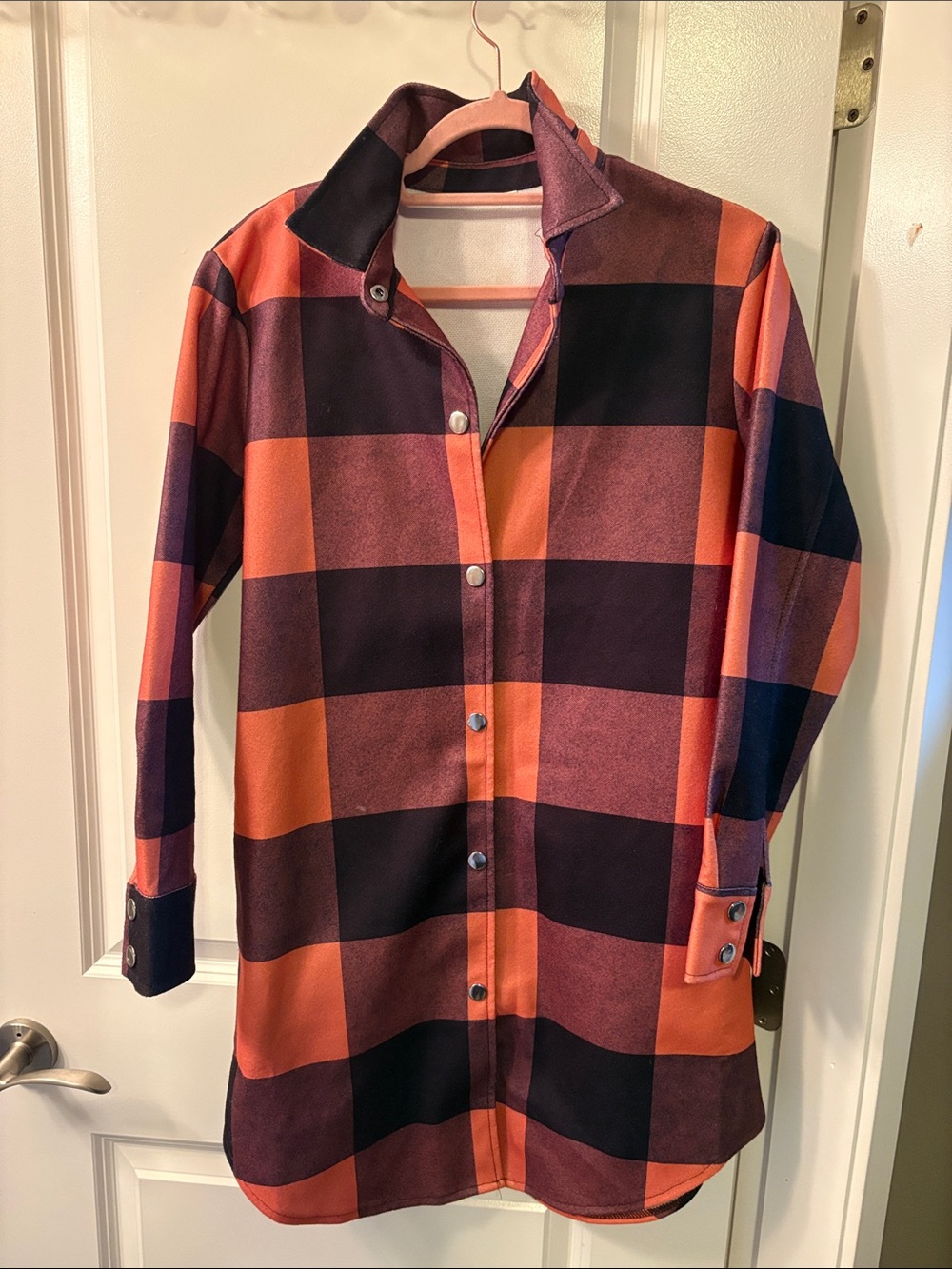 Women's Buffalo-Check Button-Down Shirt Jacket - Orange/Black